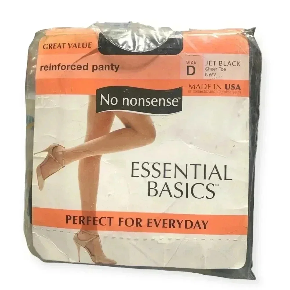 NO NONSENSE - NEW - JET BLACK - SIZE D- REINFORCED PANTY SHEER TOE PANTYHOSE